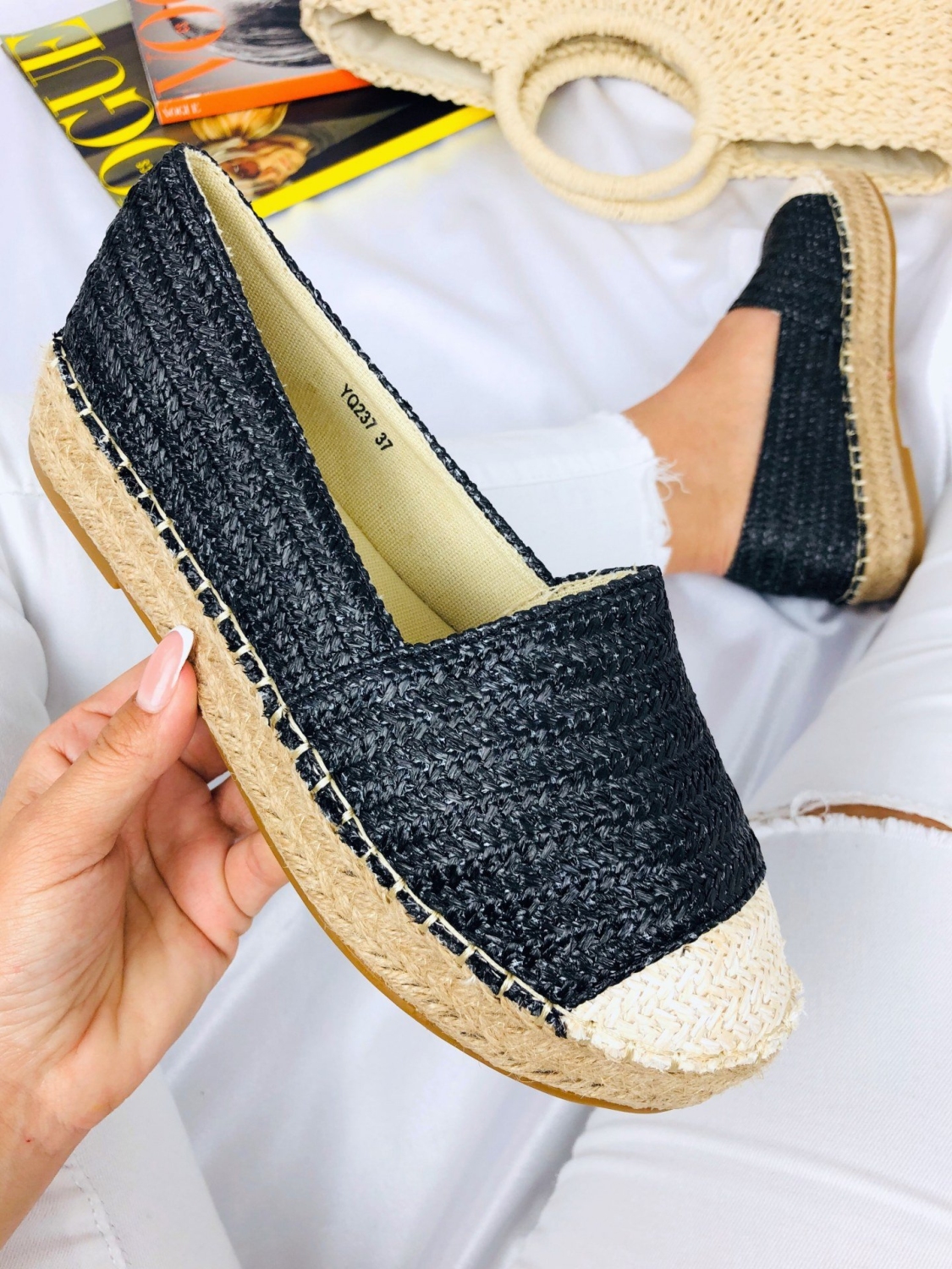 Dámske slamené čierne espadrilky