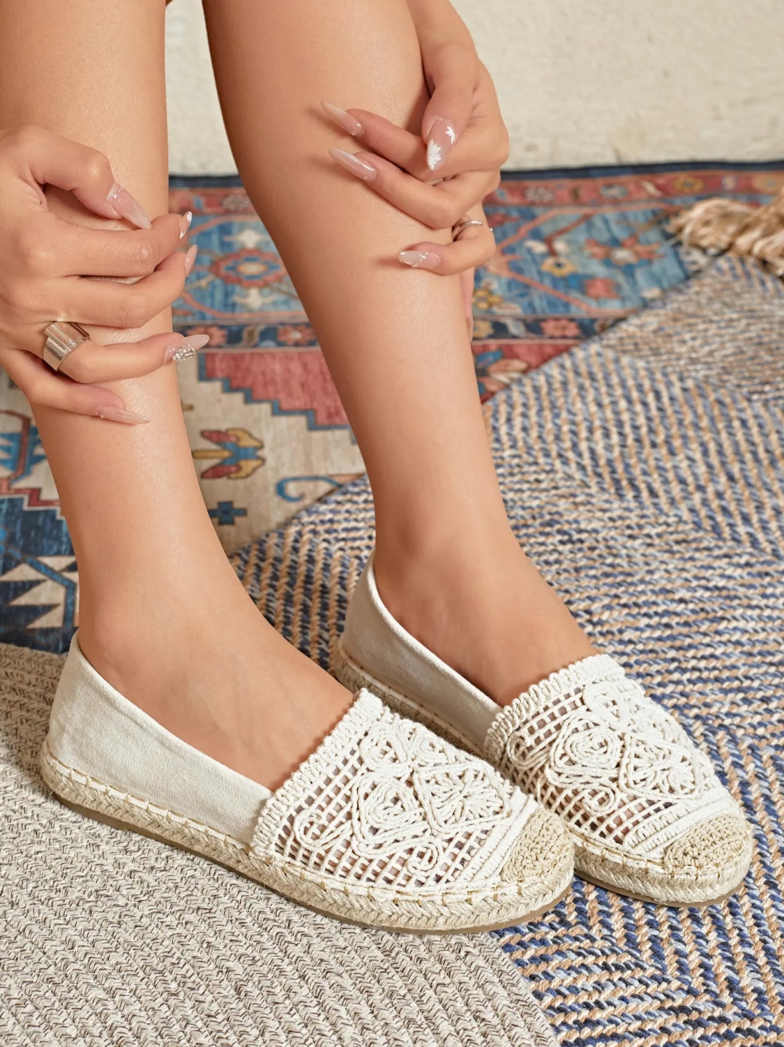 Dámske háčkované espadrilky - béžové