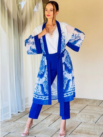 Dámsky modrý kostým nohavice + kimono pre moletky